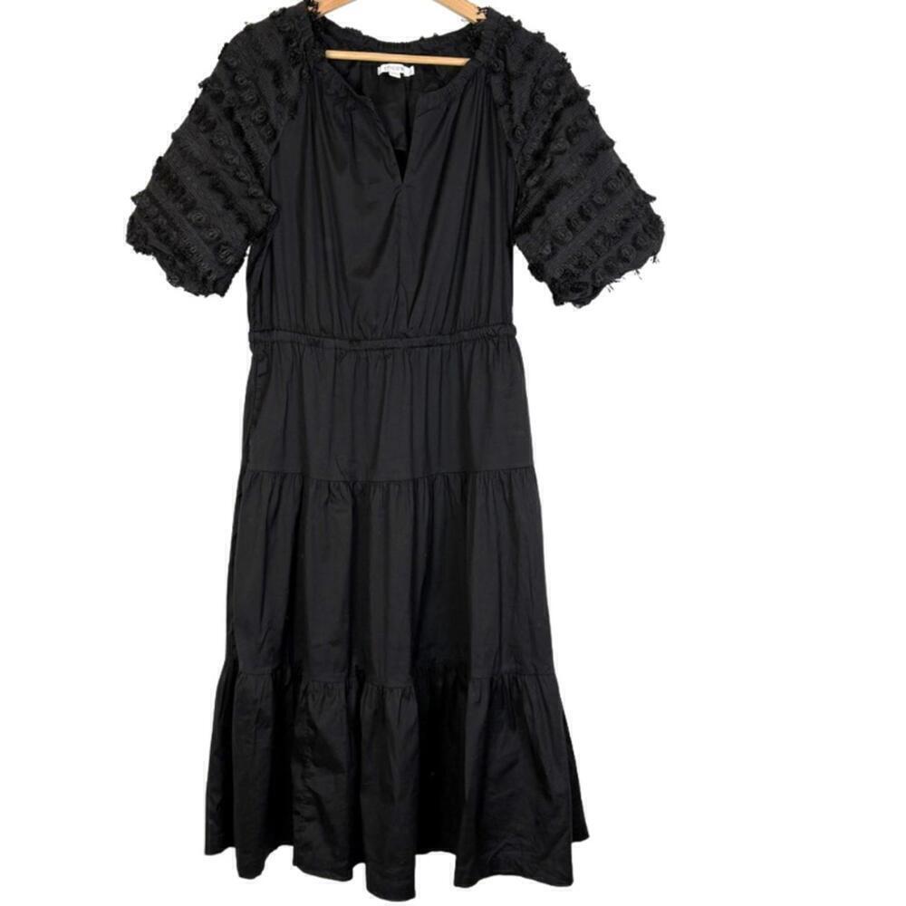 CHICO'S 1 (US 8) Black Tiered Midi Dress w/ Boho Fringe Puff Sleeve